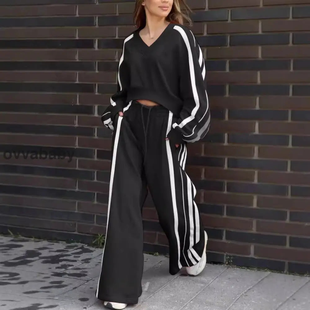2-teiliges Set: Sweatshirt mit V-Ausschnitt und Hose mit weitem Bein Schwarz / S Zweiteilige Sets