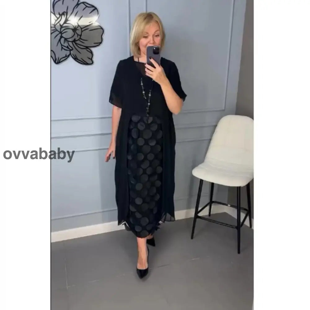 Elegantes schwarzes Kleid mit V-Ausschnitt und unregelmäßiger Jacke Zweiteiliges Set Kleider