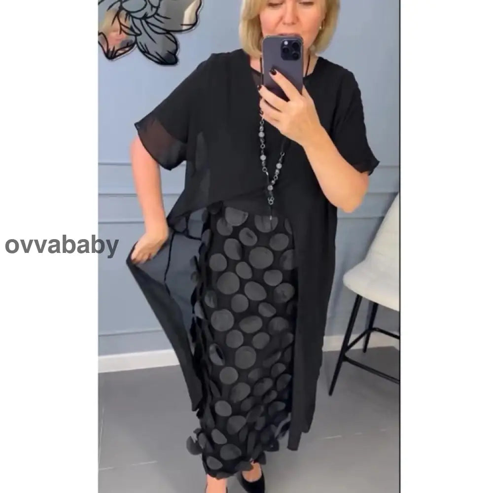 Elegantes schwarzes Kleid mit V-Ausschnitt und unregelmäßiger Jacke Zweiteiliges Set Kleider