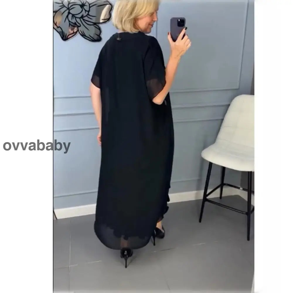 Elegantes schwarzes Kleid mit V-Ausschnitt und unregelmäßiger Jacke Zweiteiliges Set Kleider