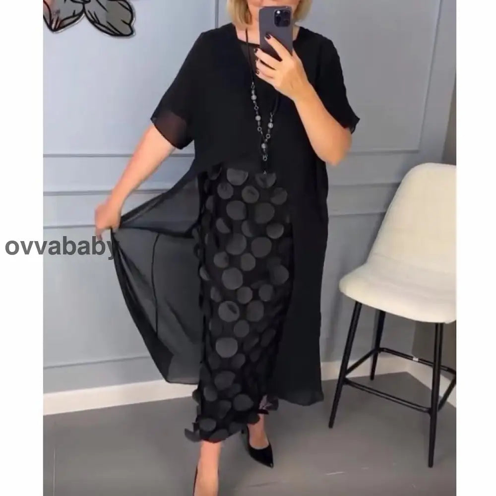 Elegantes schwarzes Kleid mit V-Ausschnitt und unregelmäßiger Jacke Zweiteiliges Set Schwarz / S/EU 36 Kleider