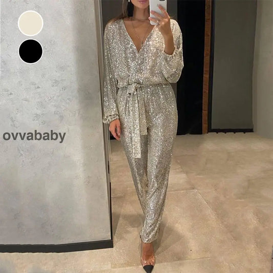 🌟Glitzernde Damen Jumpsuits mit V-Ausschnitt und Gürtel Zweiteilige Sets