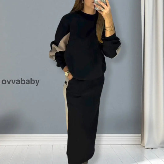 🎁Heiße Neuankömmlinge🥰Lockeres Colorblocking Set aus langärmeligem Oberteil und geteiltem Rock S(EU 36) Zweiteilige Sets