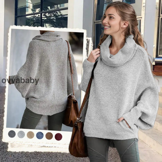 🔥Herbstangebote 50% Rabatt🍂Damen Fledermausärmel Pullover mit Rollkragen und Taschen Oberteile