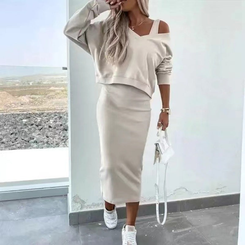 Zweiteiliges Damen-Set aus ärmellosem Kleid und lockerem Pullover mit V-Ausschnitt
