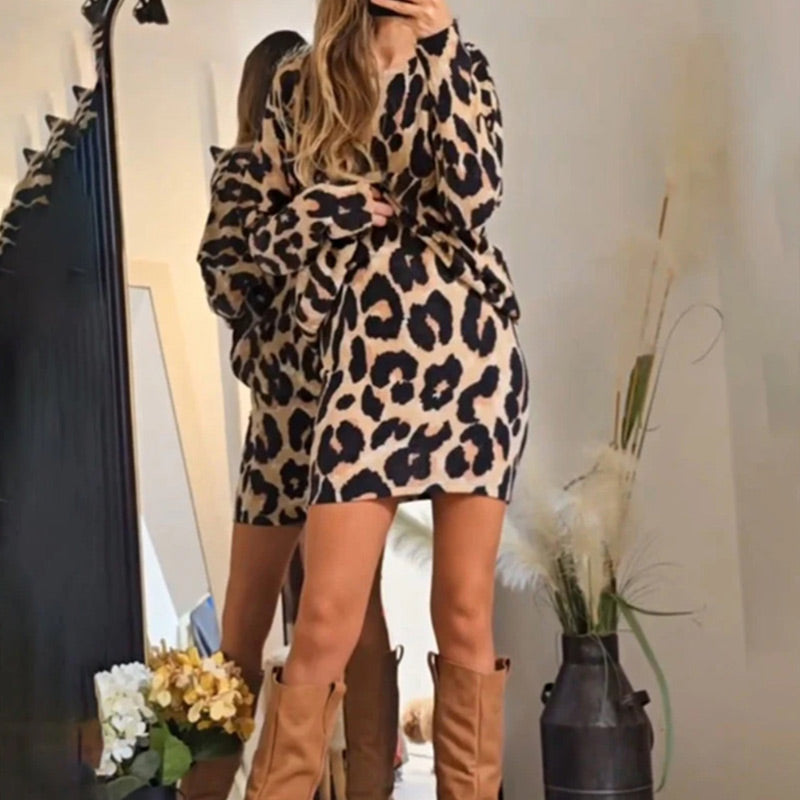 🍁Herbst-Neuankömmlinge Sonderangebot💕Elegantes Minikleid mit Rundhalsausschnitt und Leopardenmuster
