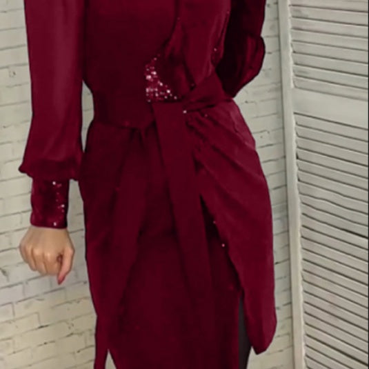 ✨Herbst-Neuankömmlinge Sonderangebot✨Women's V-Ausschnitt Pailletten Split Kleid