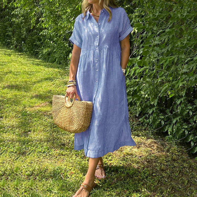 ⏳Zeitlich begrenzte Rabatte Super-Sparen ⏳👗Gestreiftes langes Blusenkleid mit V-Ausschnitt und Kragen für Damen