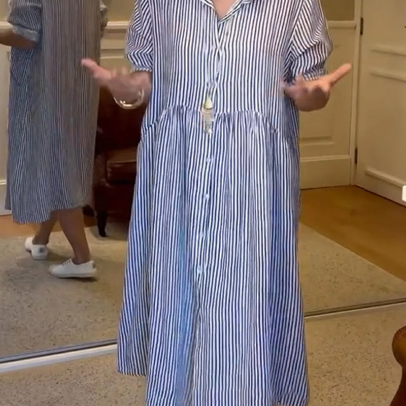 ⏳Zeitlich begrenzte Rabatte Super-Sparen ⏳👗Gestreiftes langes Blusenkleid mit V-Ausschnitt und Kragen für Damen