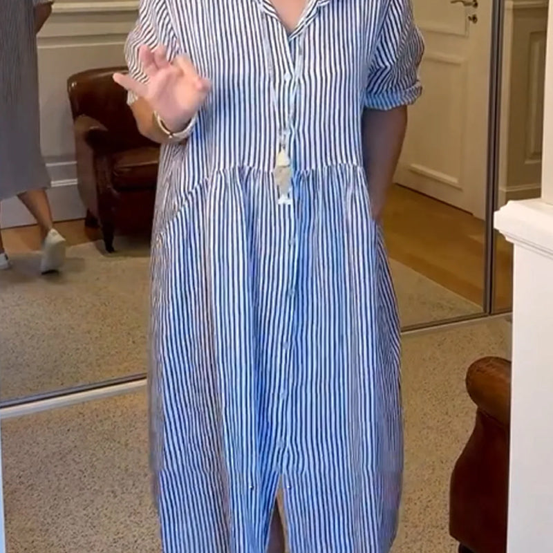 ⏳Zeitlich begrenzte Rabatte Super-Sparen ⏳👗Gestreiftes langes Blusenkleid mit V-Ausschnitt und Kragen für Damen