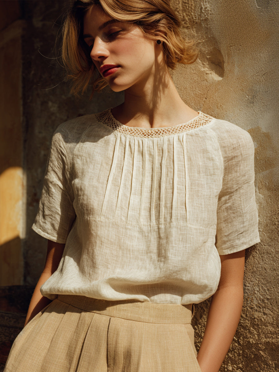 Frauen Elegantes Spitzen-Patchwork-Leinen-Misch hemd