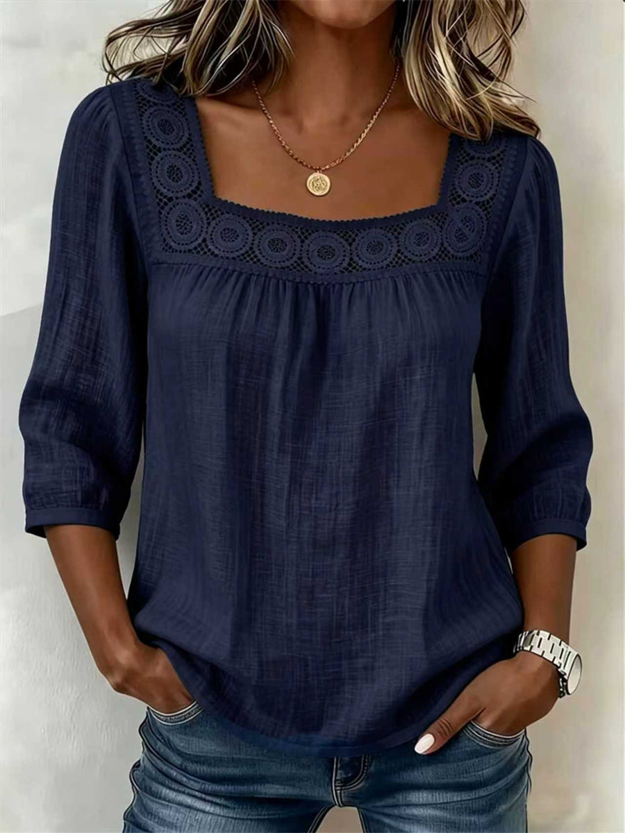 Damen-Boho-Tunika mit ausgeschnittenem Spitzen-Patchwork und bequemen Mittelärmeln
