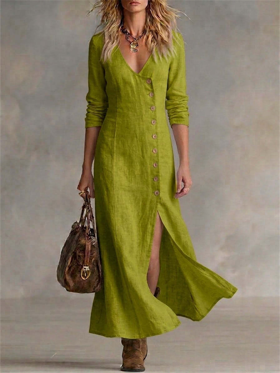 Damen-Vintage-elegantes Maxikleid mit seitlichen Knöpfen, Schlitz am Saum und fließendem Fall