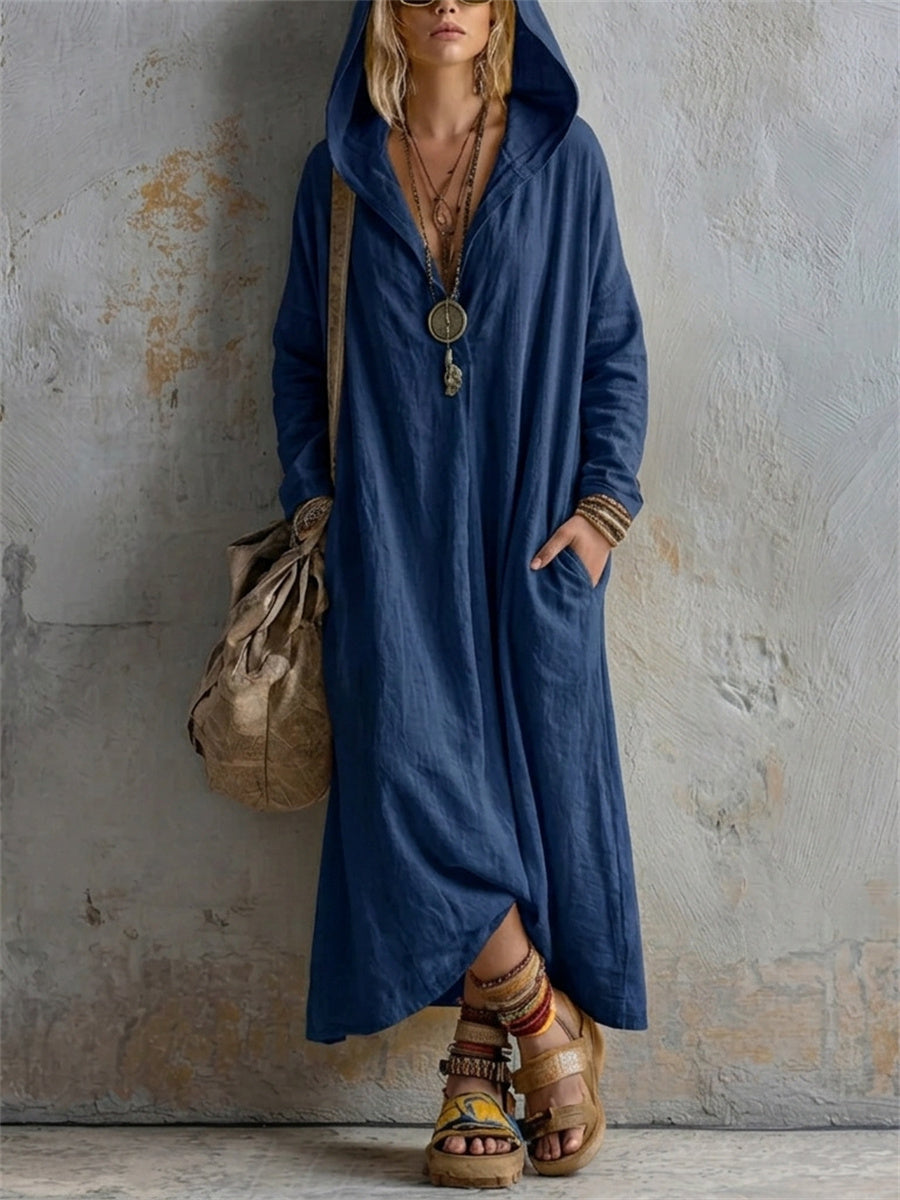 Einfaches, lässiges Leinen-Maxikleid mit Kapuze für Damen