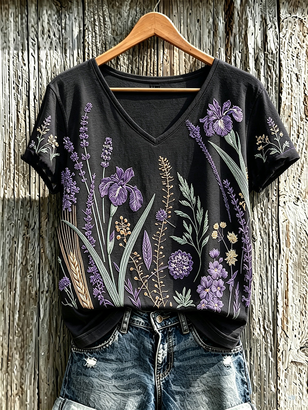 Lässiges T-Shirt für Damen mit violettem Pflanzenblütenmuster