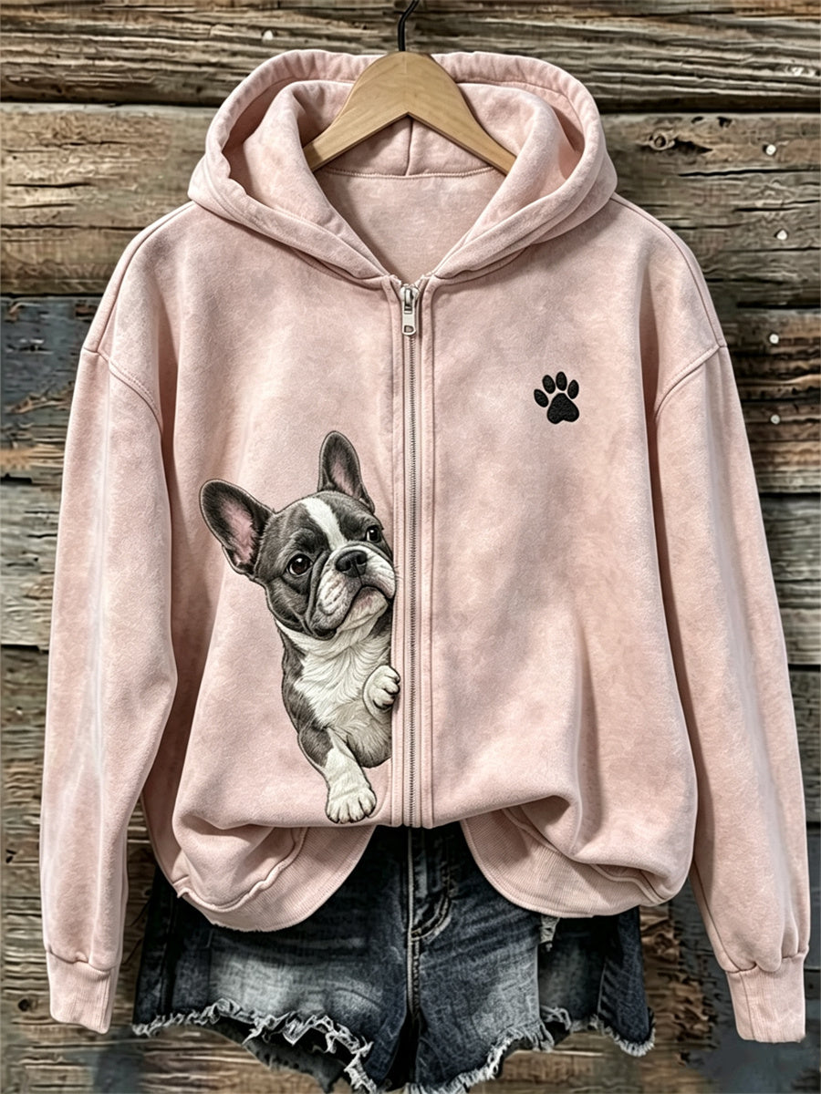 Damen-Kapuzenpullover mit Reißverschluss, französische Bulldogge und Pfotenabdruck