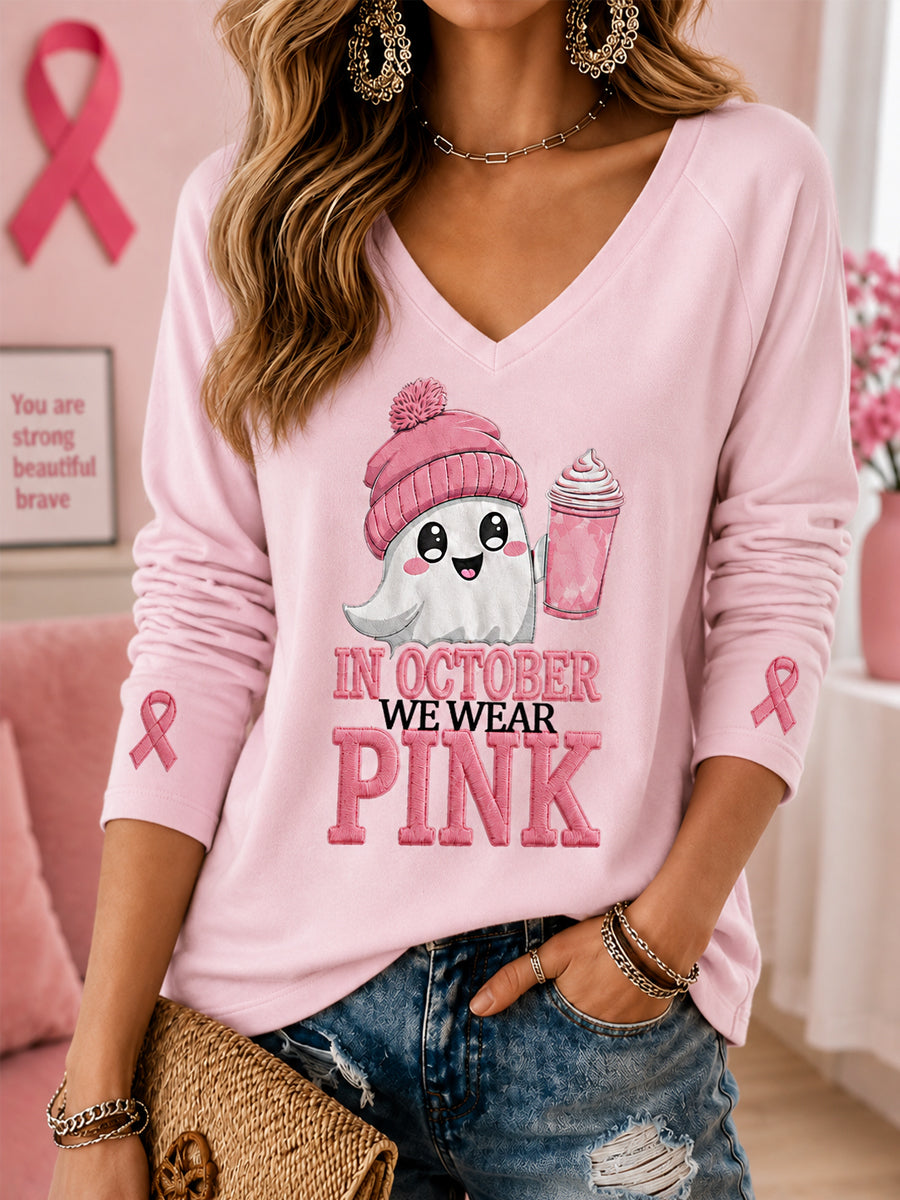 Damen-T-Shirt im Oktober tragen wir Pink Halloween-Pink Geister-Print Brustkrebsbewusstseins-Unterstützung V-Ausschnitt Langarm