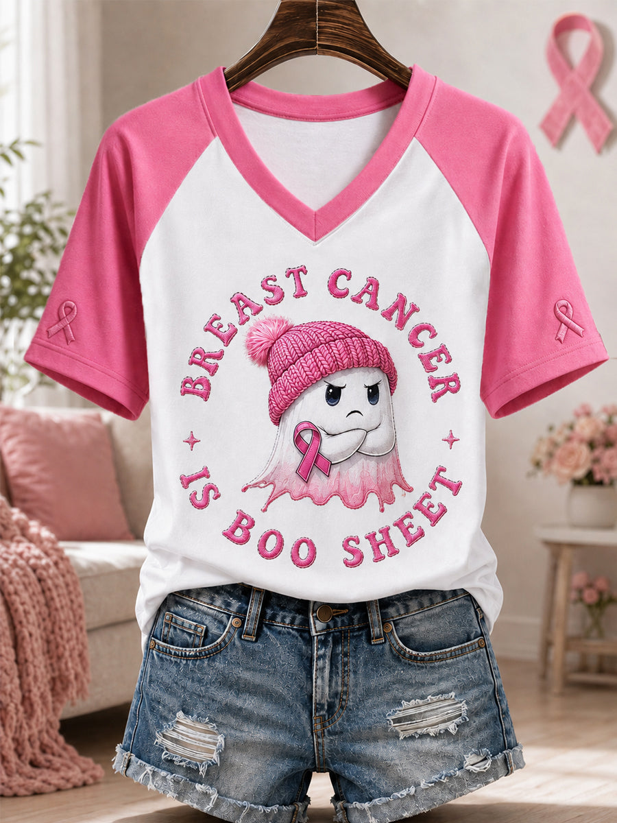Frauen Brustkrebs ist Boo Sheet Halloween Pink Ghost Print Brustkrebs Sensi bilisierung Unterstützung V-Ausschnitt T-Shirt