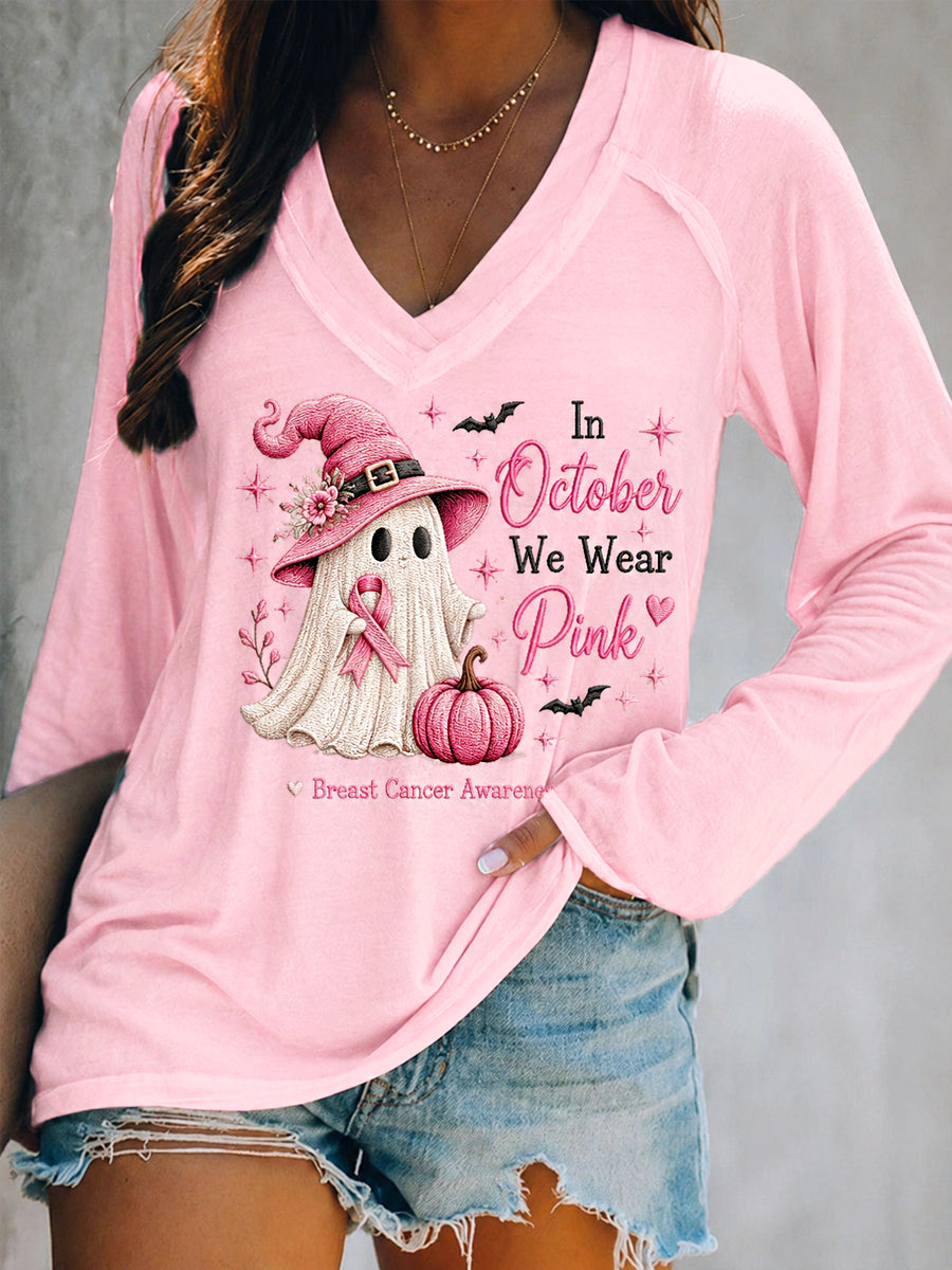 Frauen im Oktober tragen wir rosa Halloween Pink Ghost Print Brustkrebs Bewusstseins unterstützung V-Ausschnitt Langarm T-Shirt