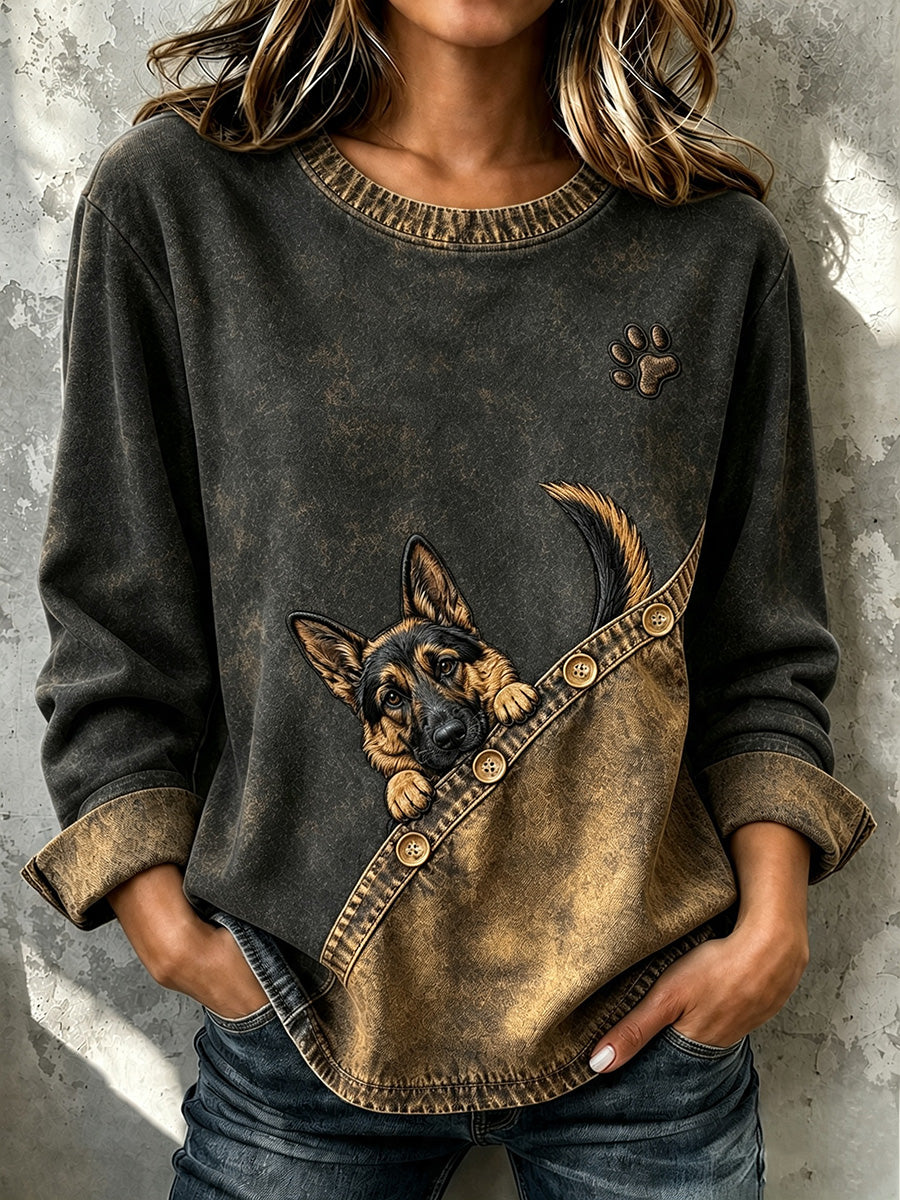 Damen niedlich Peeking Deutscher Schäferhund & Pfoten druck Casual Button Sweatshirt