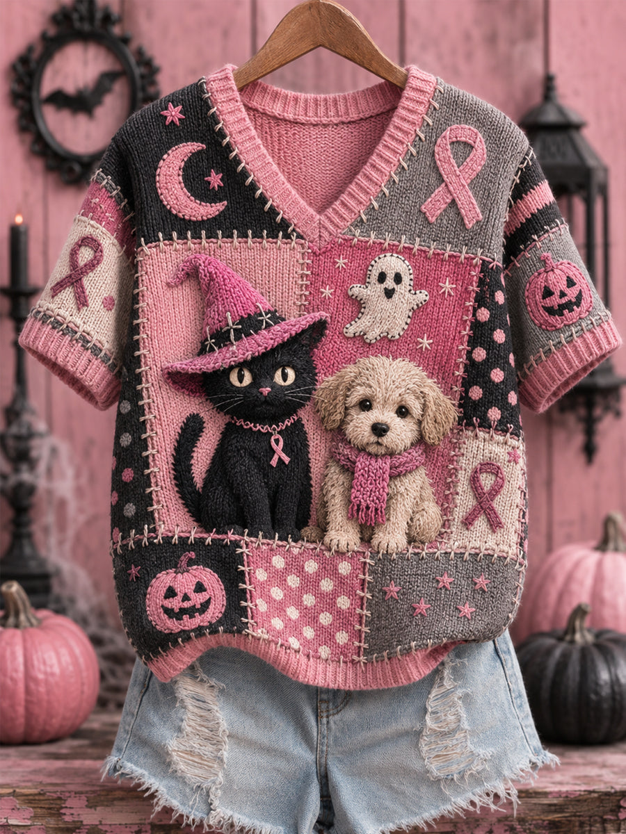 Damen-Halloween-Top mit V-Ausschnitt, pinker Schleifenprint in Rosa zu Ehren von Hunden und Katzen, zur Unterstützung der Brustkrebsaufklärung
