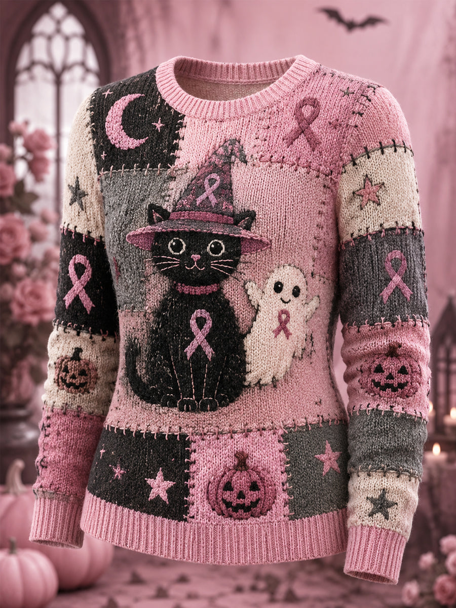 Damen-Halloween-Pullover in Pink mit Geister- und Katzenmotiv sowie pinker Schleifen-Print zur Unterstützung der Brustkrebsaufklärung