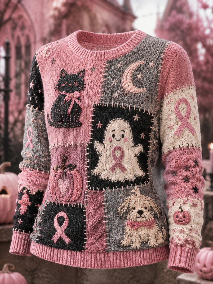 Damen-Halloween-Pullover in Pink mit Geister- und Katzenmotiv sowie pinker Schleifen-Print zur Unterstützung der Brustkrebsaufklärung