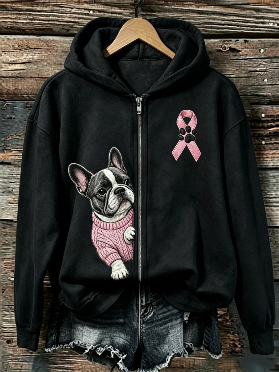 Frauen-Kapuzenpullover mit durchschauendem Französischen Bulldoggen- und Rosa-Schleifen-Design zur Brustkrebsaufklärung, mit durchgehendem Reißverschluss