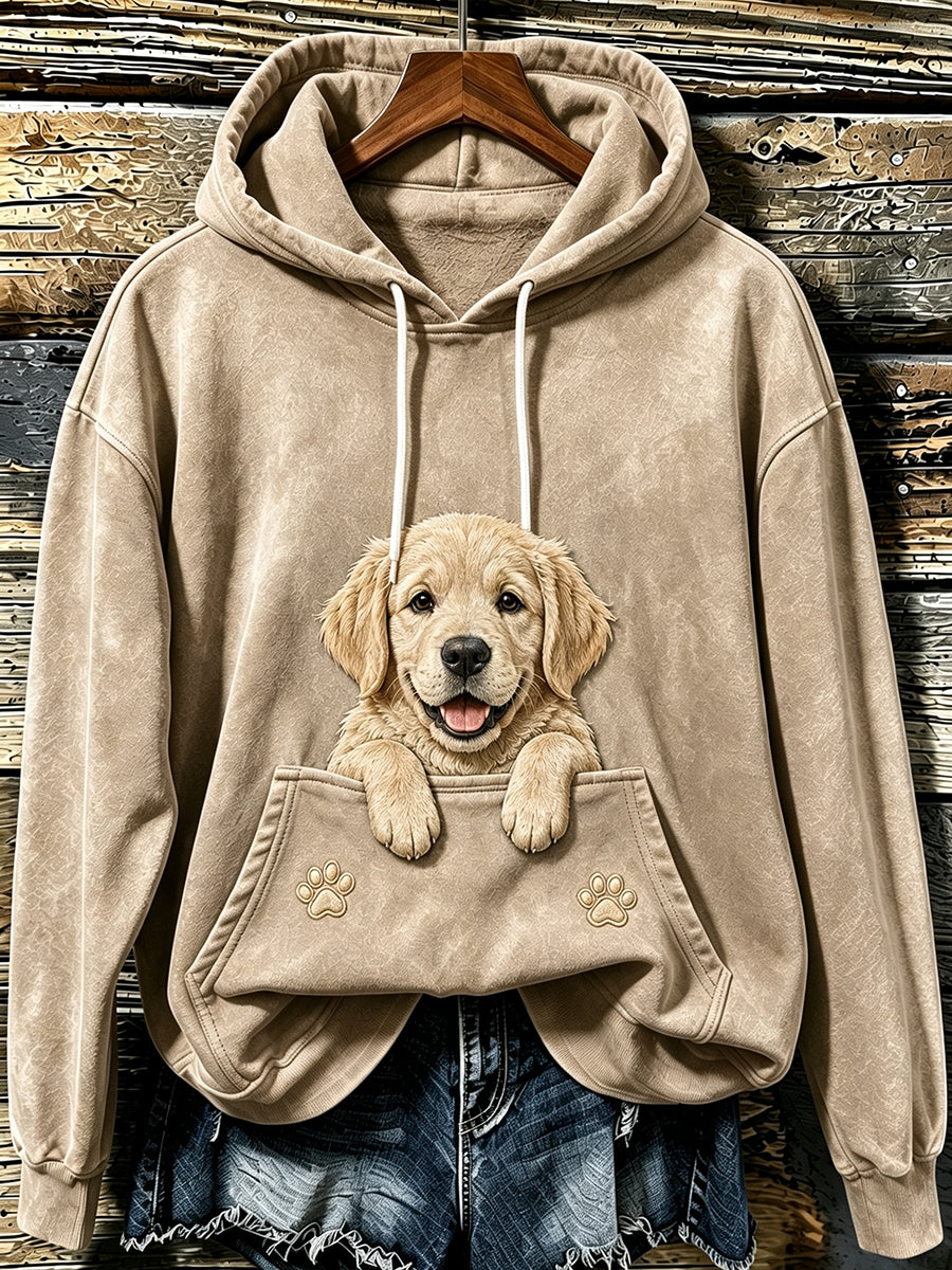 Damen-Sweatshirt mit Kapuze und niedlichem Aufdruck eines Golden Retrievers, der neugierig hervorlugt, sowie Pfotenabdrücken