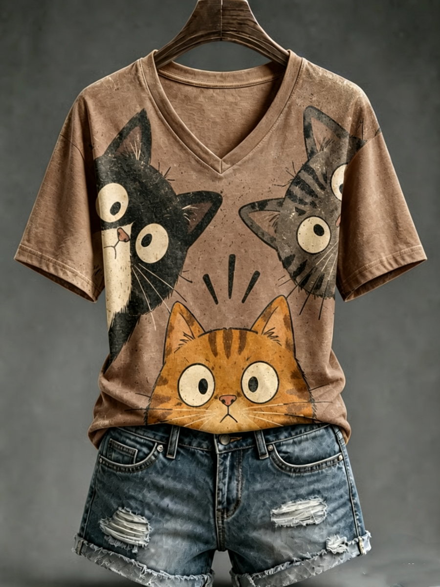 Kurzarm-T-Shirt mit süßem Katzen-Print für Damen