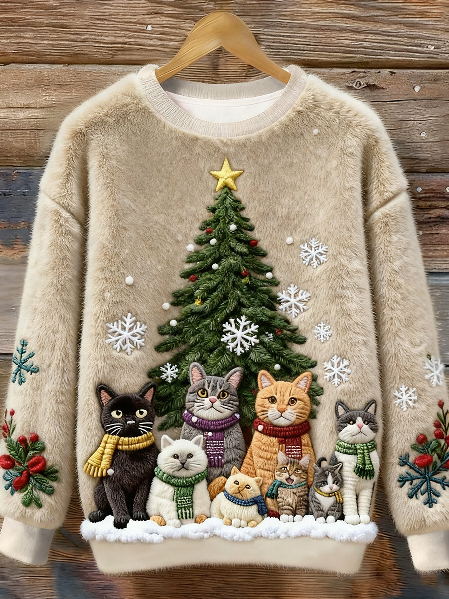 Damen Weihnachtskatze-Kunst-Flanell-Sweatshirt