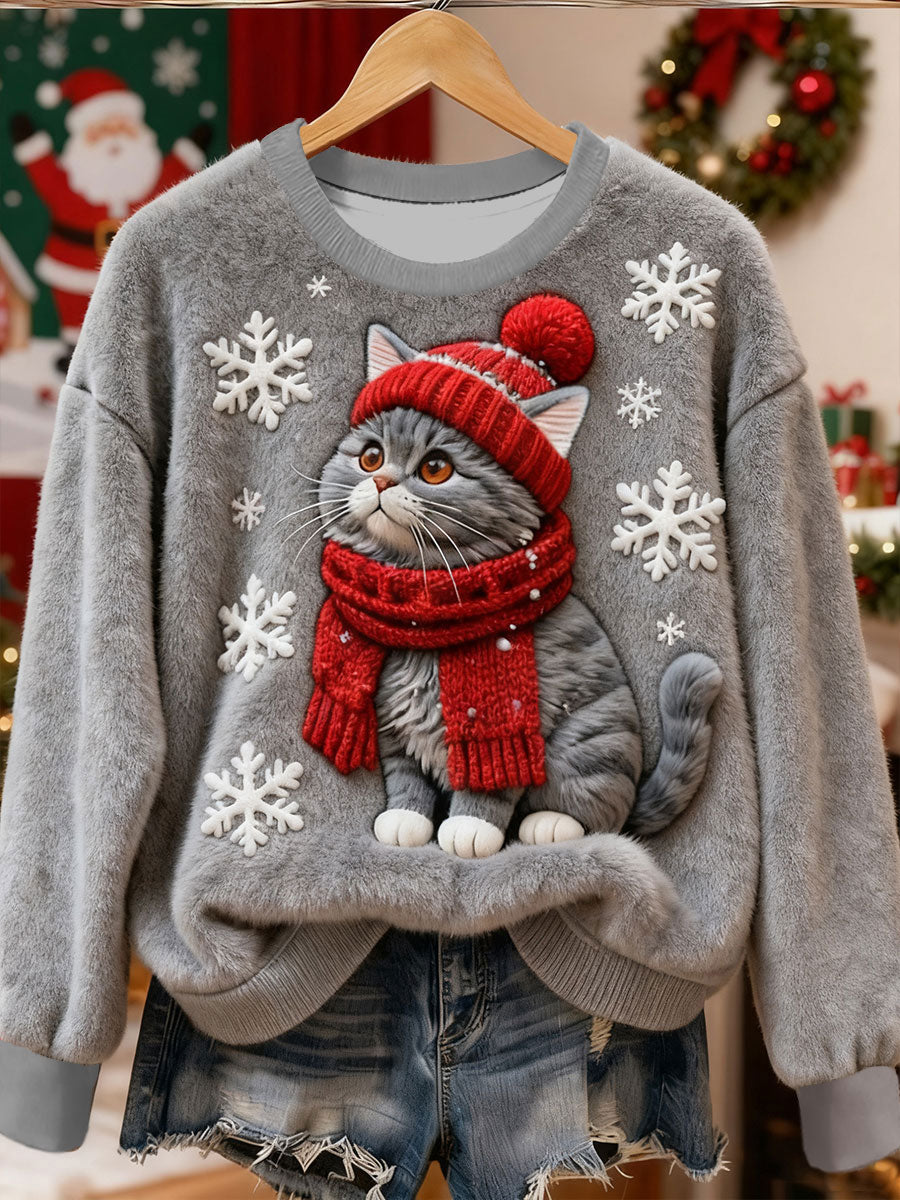 Damen niedliches Weihnachtskatze-Kunstdruck-lässiges Flanell-Sweatshirt