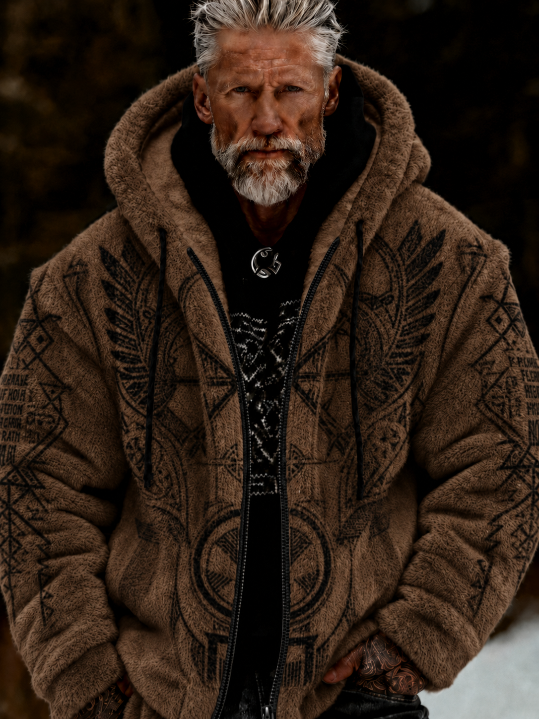 Herren-Viking-Keltenkunst-Plüsch-Kuscheljacke mit Reißverschluss und Kapuze