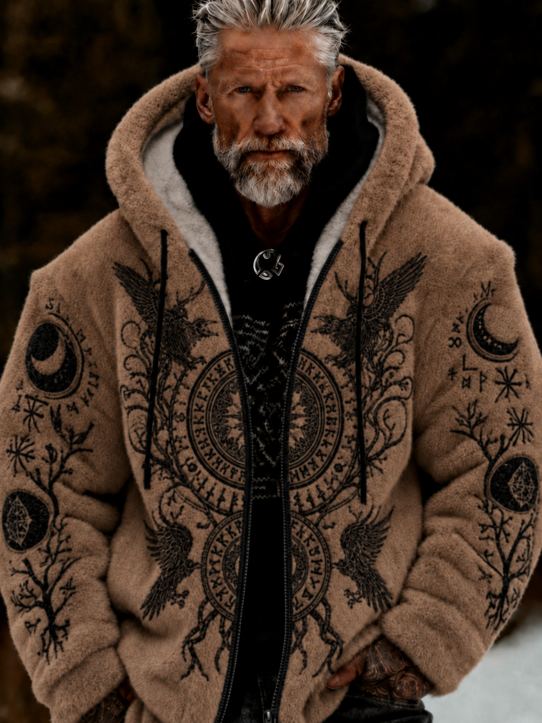 Herren-Viking-Keltenkunst-Plüsch-Kuscheljacke mit Reißverschluss und Kapuze