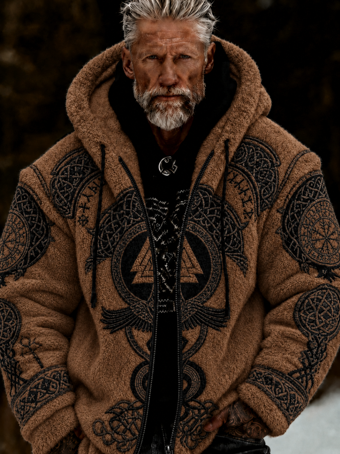 Herren-Viking-Keltenkunst-Plüsch-Kuscheljacke mit Reißverschluss und Kapuze