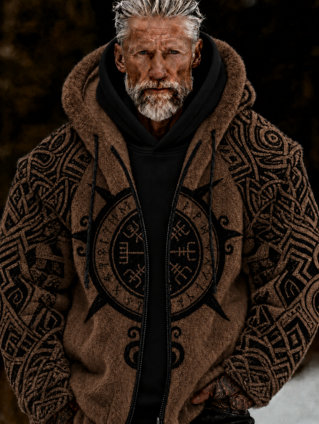 Herren-Viking-Keltenkunst-Plüsch-Kuscheljacke mit Reißverschluss und Kapuze