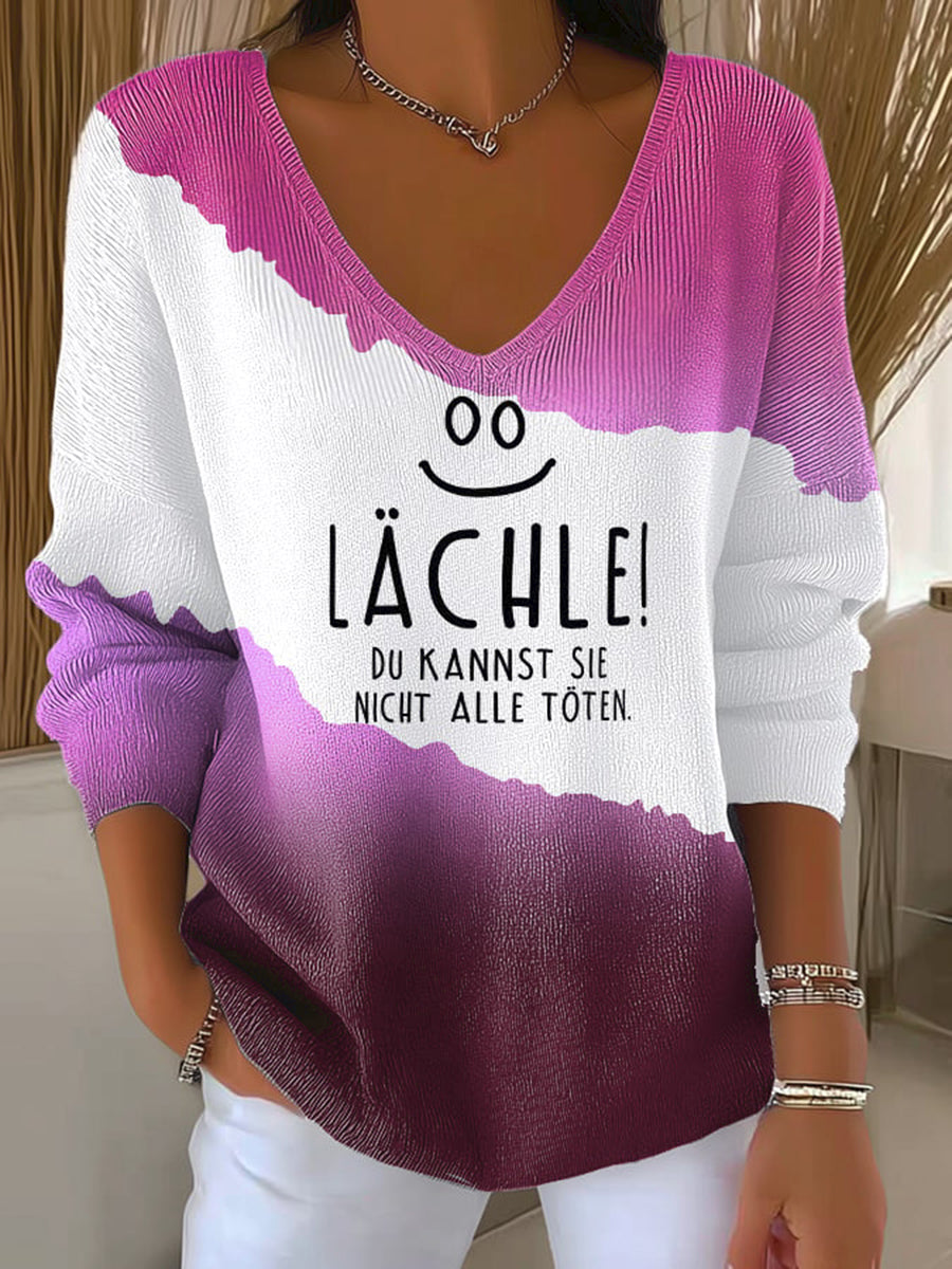 Frauen-Fun-Slogan-Druck-Ripp-Top mit V-Ausschnitt in Deutsch