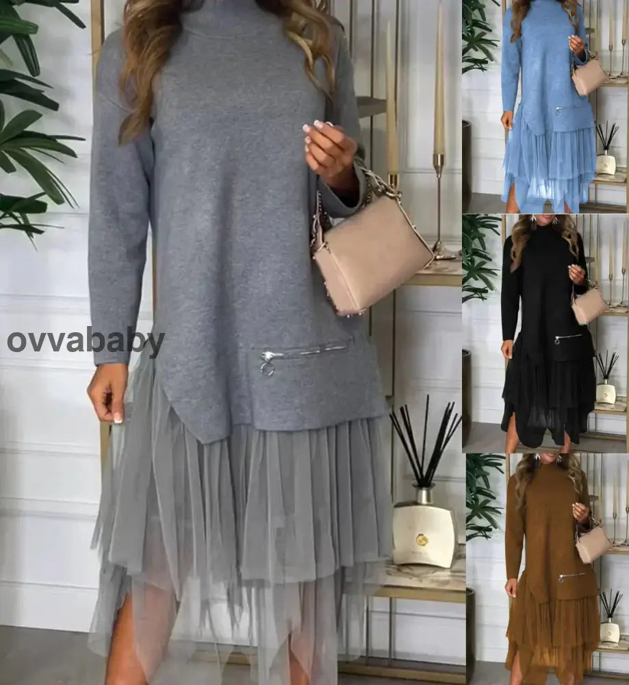 🎅Weihnachtsaktion💖 Einfarbiges Patchwork-Kleid aus Strick für lässige Frauen Kleider