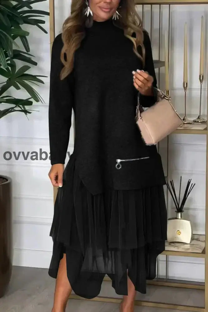 🎅Weihnachtsaktion💖 Einfarbiges Patchwork-Kleid aus Strick für lässige Frauen Schwarz / S(EU/DK 36) Kleider