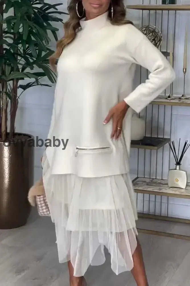 🎅Weihnachtsaktion💖 Einfarbiges Patchwork-Kleid aus Strick für lässige Frauen Weiß / S(EU/DK 36) Kleider