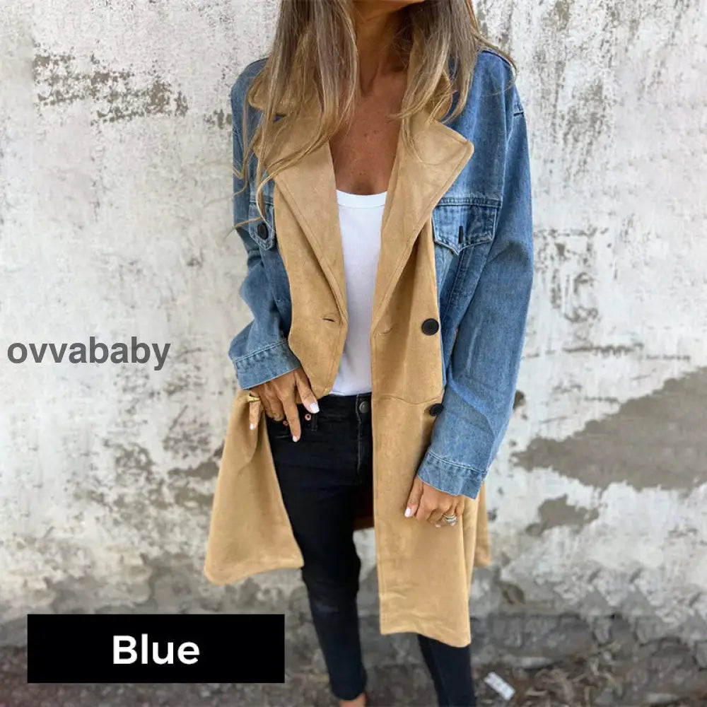 🥰 zeitlich begrenztes preisliches Angebot 🥰Mittellanger Trenchcoat mit Denim-Jeans-Nähten Blau / S(EU 36) Oberteile
