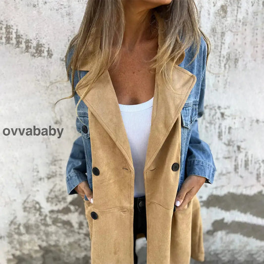 🥰 zeitlich begrenztes preisliches Angebot 🥰Mittellanger Trenchcoat mit Denim-Jeans-Nähten Oberteile