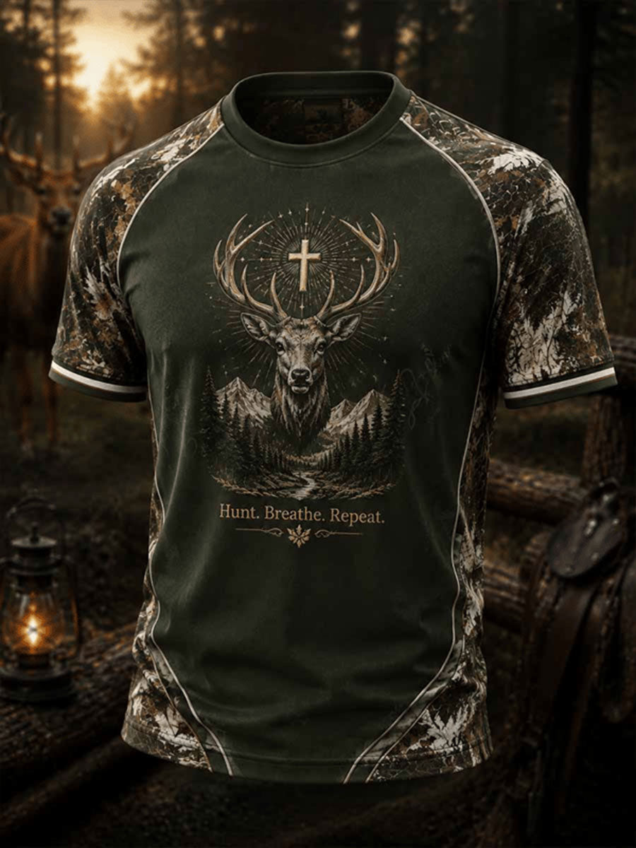 Herren-Vintage-Western-T-Shirt mit traditionellem Rentiermuster und kurzen Ärmeln