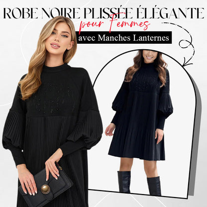 🔥50% Rabatt heute 🎁Elegantes Schwarzes Plisseekleid für Damen mit Laternenärmeln