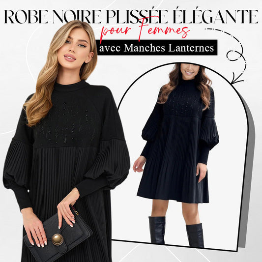 🔥50% Rabatt heute 🎁Elegantes Schwarzes Plisseekleid für Damen mit Laternenärmeln
