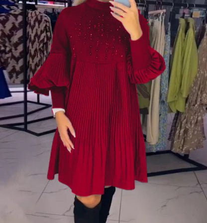 🔥50% Rabatt heute 🎁Elegantes Schwarzes Plisseekleid für Damen mit Laternenärmeln