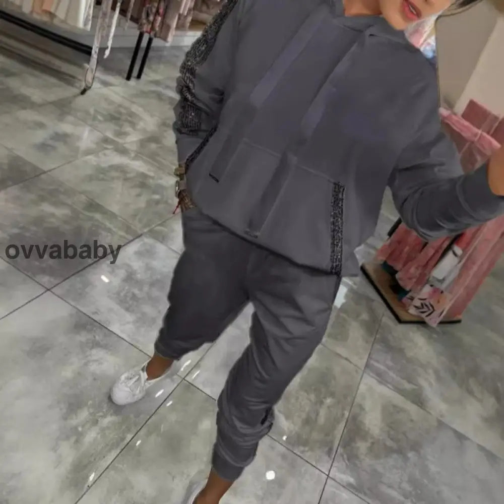 🌸Frühjahrsangebote💐✨Zweiteiliges Set mit Kapuzenoberteil und Hose mit Kordelzug für Frauen Grau / S/EU 36 Zweiteilige