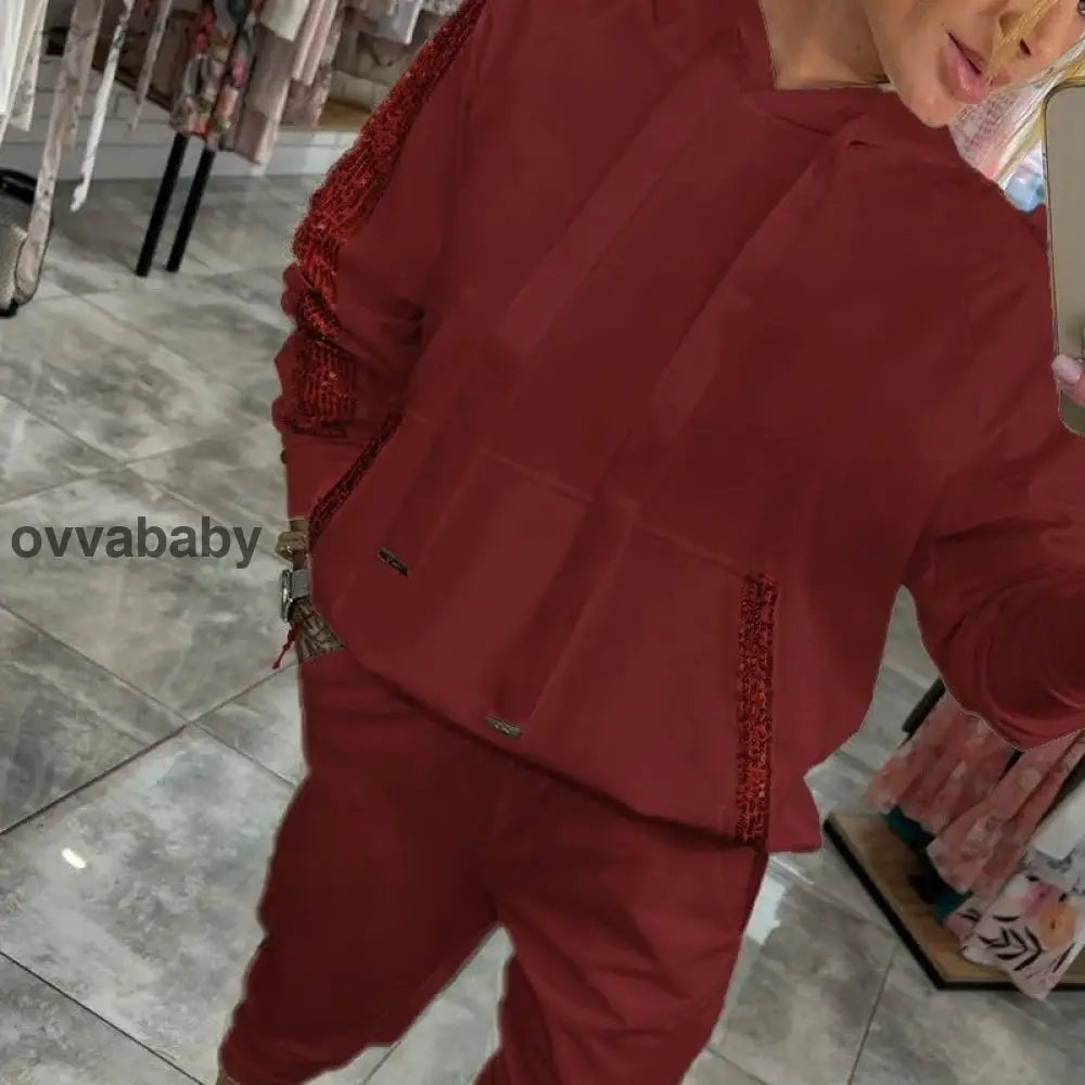 🌸Frühjahrsangebote💐✨Zweiteiliges Set mit Kapuzenoberteil und Hose mit Kordelzug für Frauen Rot / S/EU 36 Zweiteilige