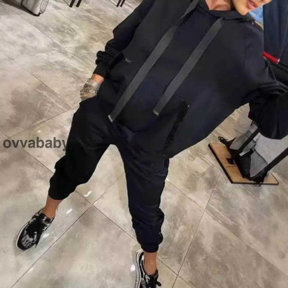 🌸Frühjahrsangebote💐✨Zweiteiliges Set mit Kapuzenoberteil und Hose mit Kordelzug für Frauen Schwarz / S/EU 36