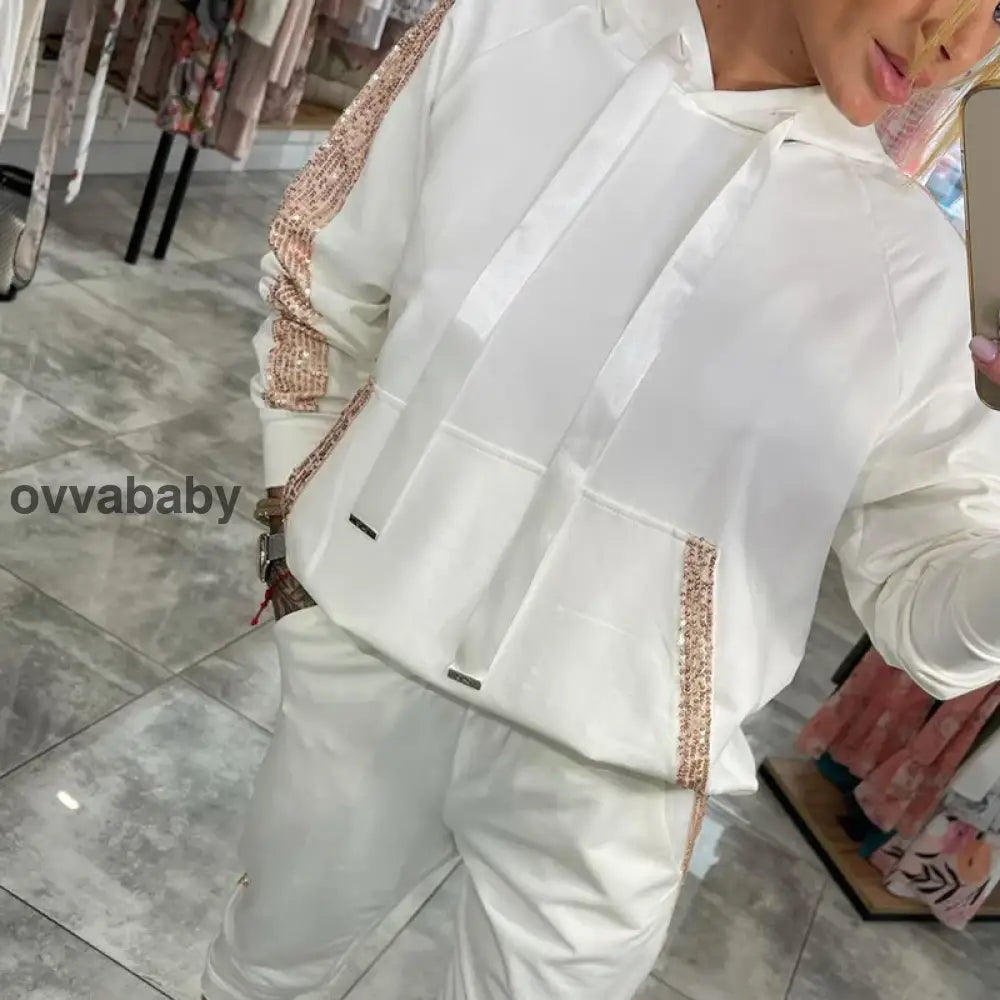 🌸Frühjahrsangebote💐✨Zweiteiliges Set mit Kapuzenoberteil und Hose mit Kordelzug für Frauen Weiß / S/EU 36 Zweiteilige